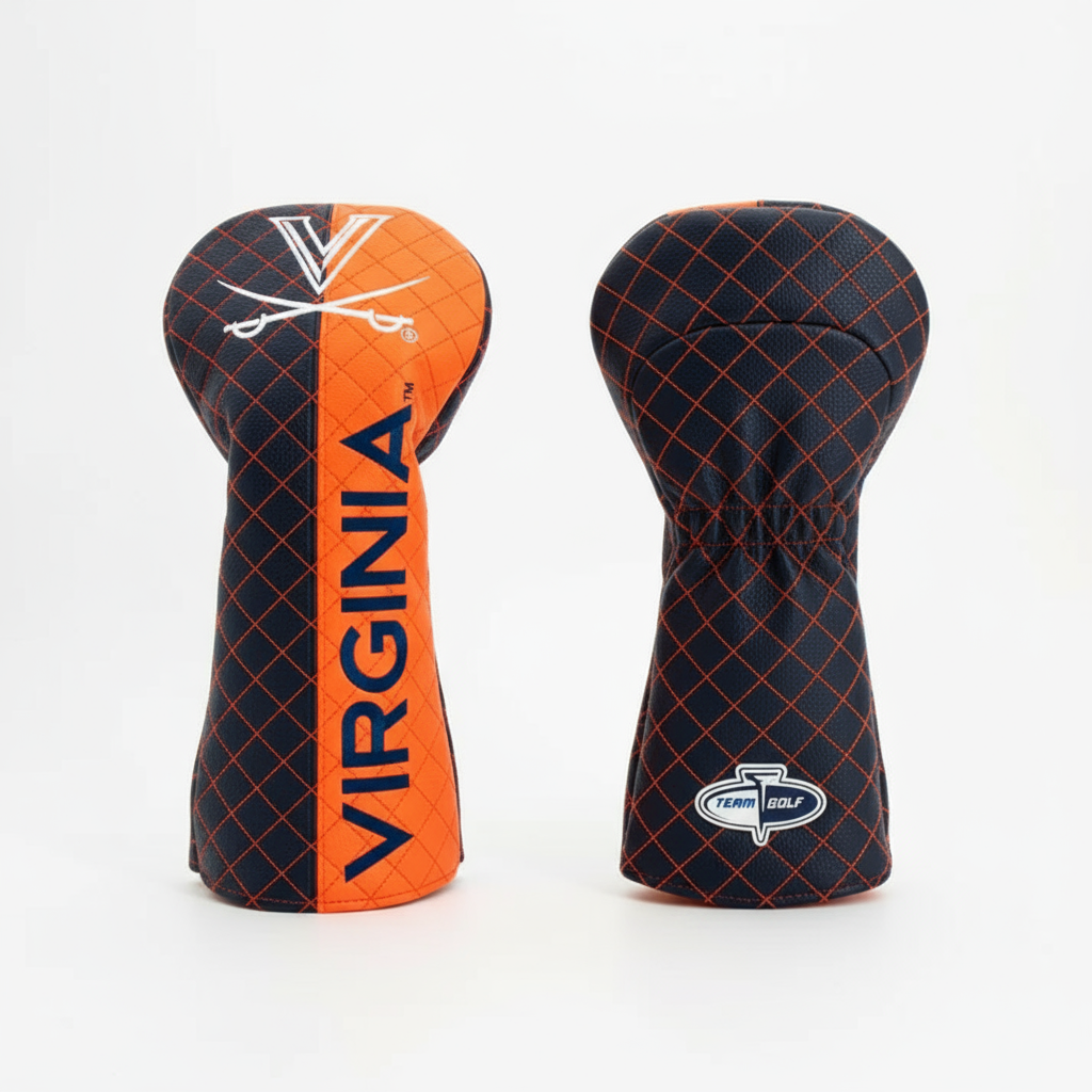 Two golf club head covers, one with 'Virginia' branding and the other with a checkered pattern, on a white background.