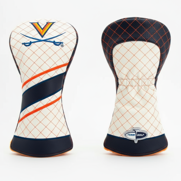 Two golf club head covers with different designs on a white background