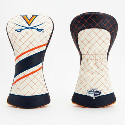 Two golf club head covers with different designs on a white background