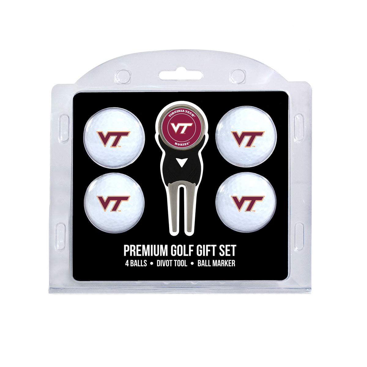 Virginia Tech four ball golf gift set with divot tool and ball marker