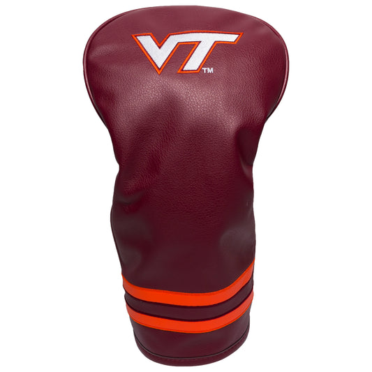 Maroon golf club head cover with orange stripes and 'VT' logo on a white background