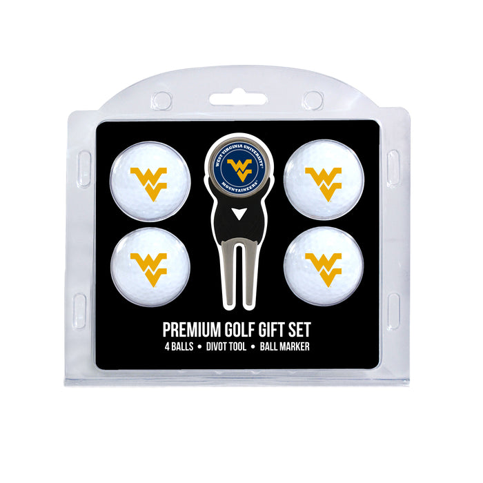 West Virginia four ball golf gift set with divot tool and ball marker