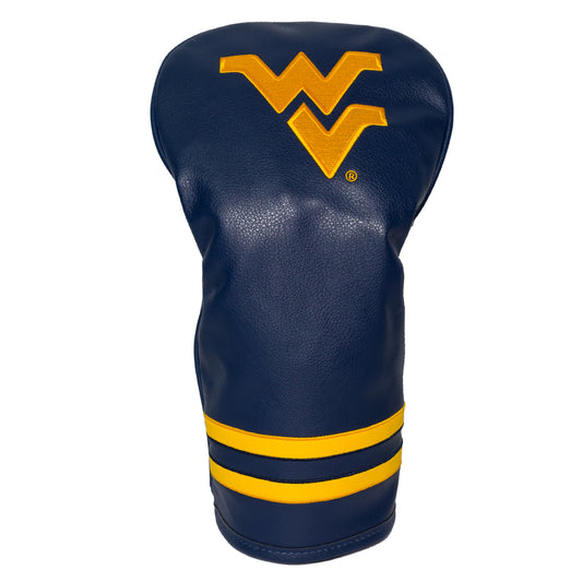 Navy blue golf club head cover with yellow West Virginia logo on a white background