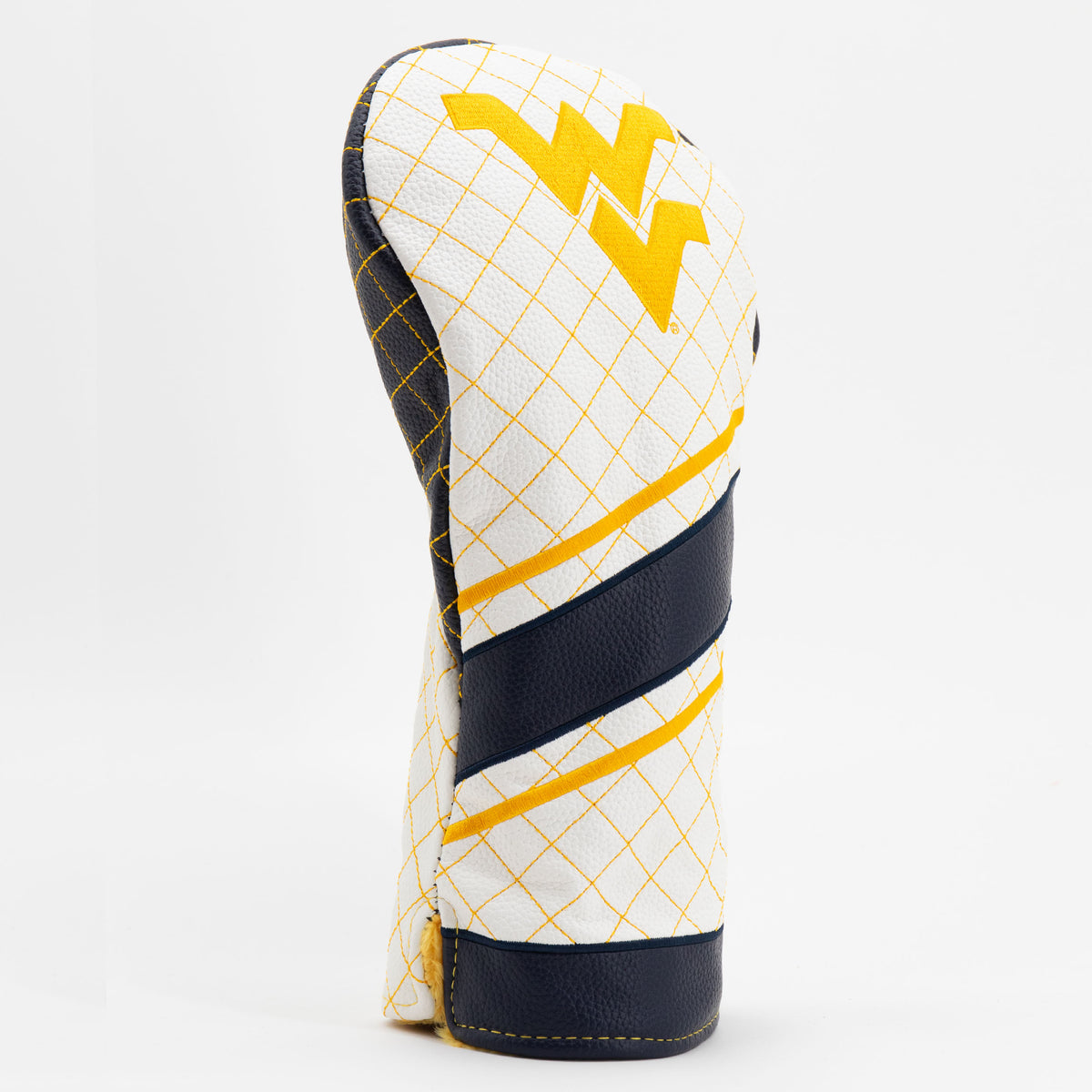 West Virginia Mountaineers striped quilted driver headcover, close-up of diamond stitching and exterior texture