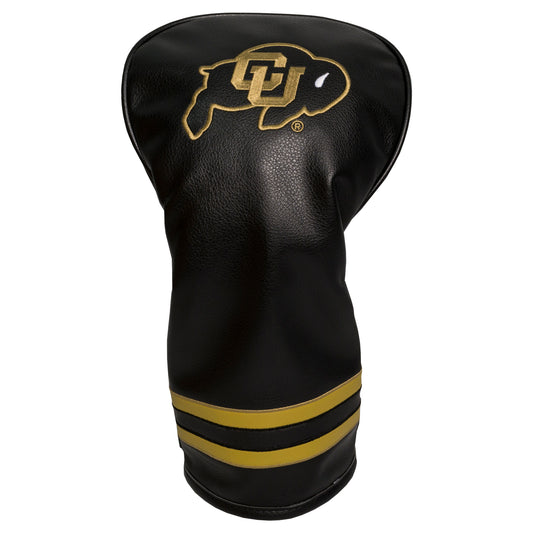 Black golf club head cover with gold logo and stripes on a white background