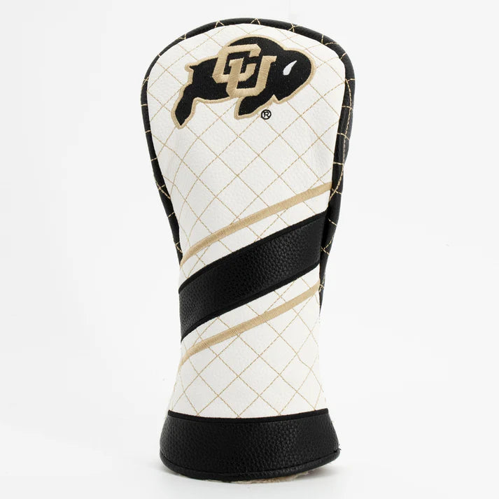 Golf club head cover with a diamond pattern and black and gold logo on a white background