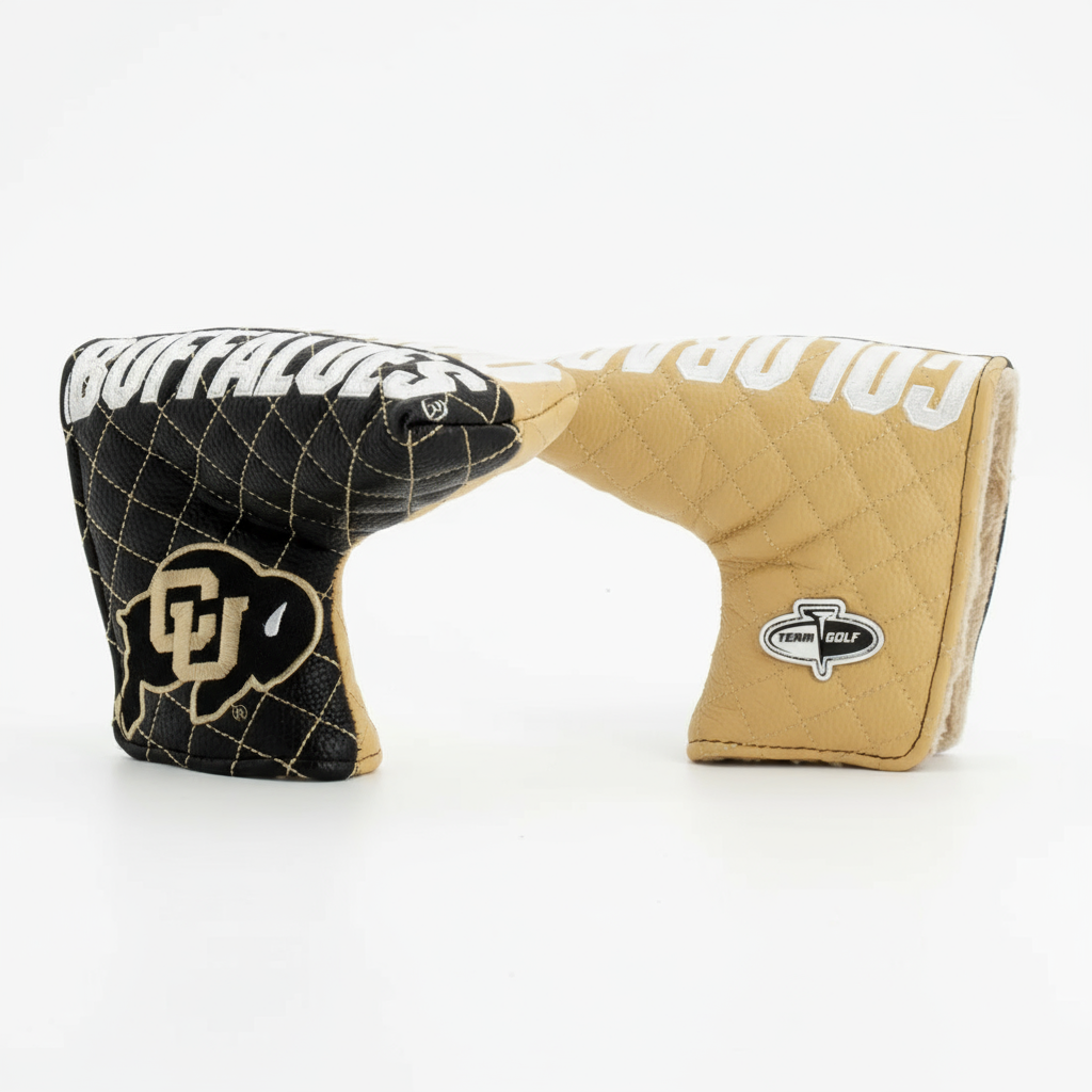 Golf club head covers with Colorado and Buffalo logos on a white background
