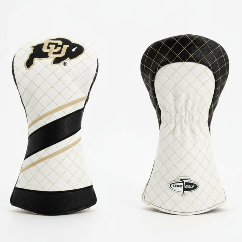 Two golf club head covers on a white background