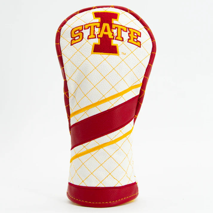 Golf club head cover with 'STATE' text and red and yellow design on a white background