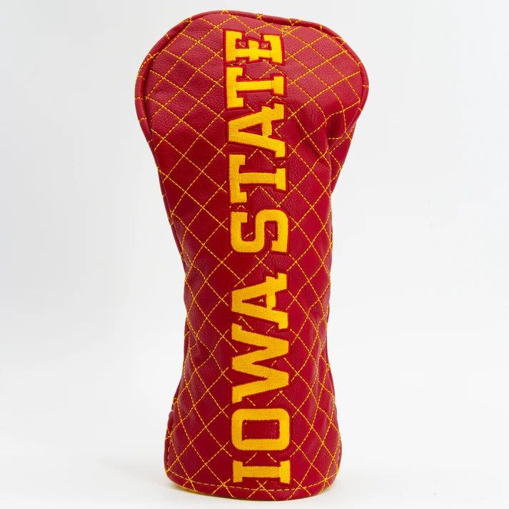 Red golf club head cover with 'Iowa State' text on a white background