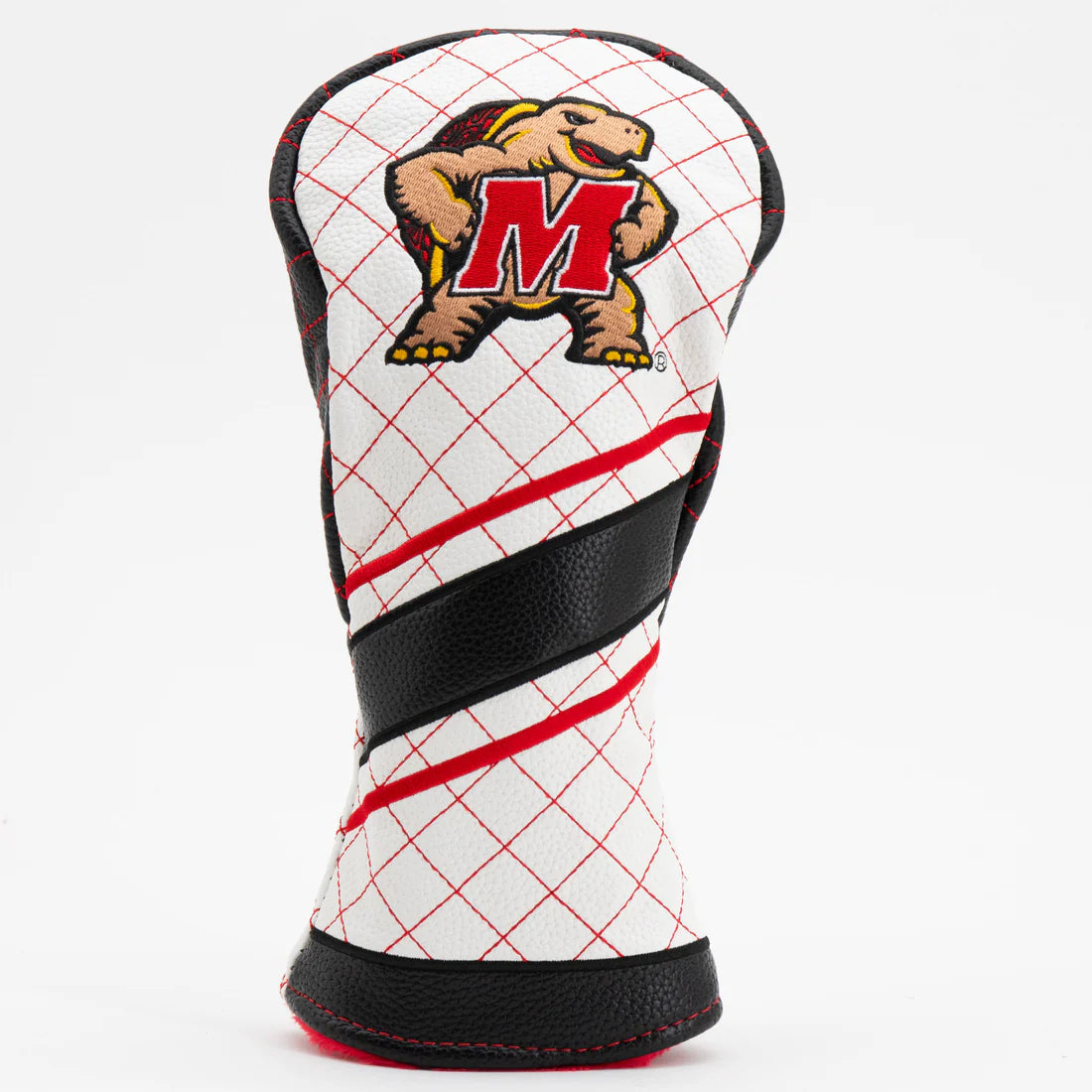Golf club head cover with bear logo and red 'M' on a white background