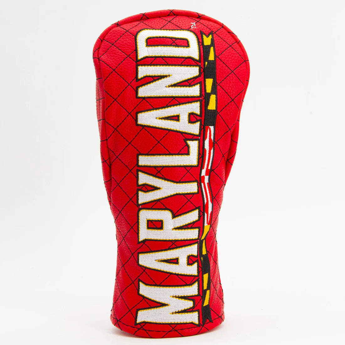 Red golf club head cover with 'Maryland' text and logo on a white background