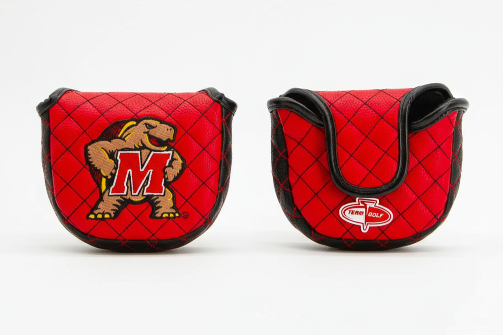 Two red golf club covers with logos on a white background