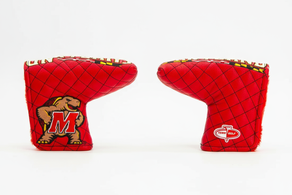 Two red golf club covers with logos on a white background
