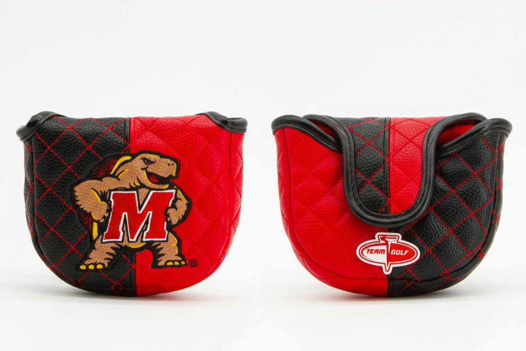 Two red and black golf club covers with logos on a white background