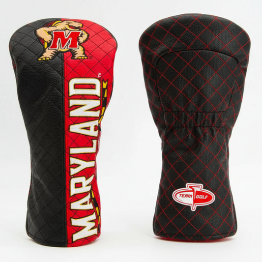 Golf club head covers with Maryland logo on a white background