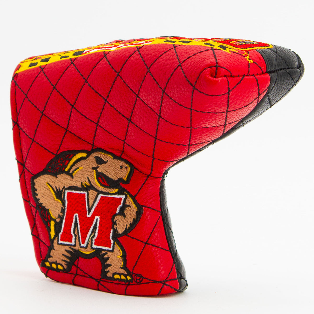 Maryland Terrapins split quilted blade putter cover, close-up of the stitching and textured exterior