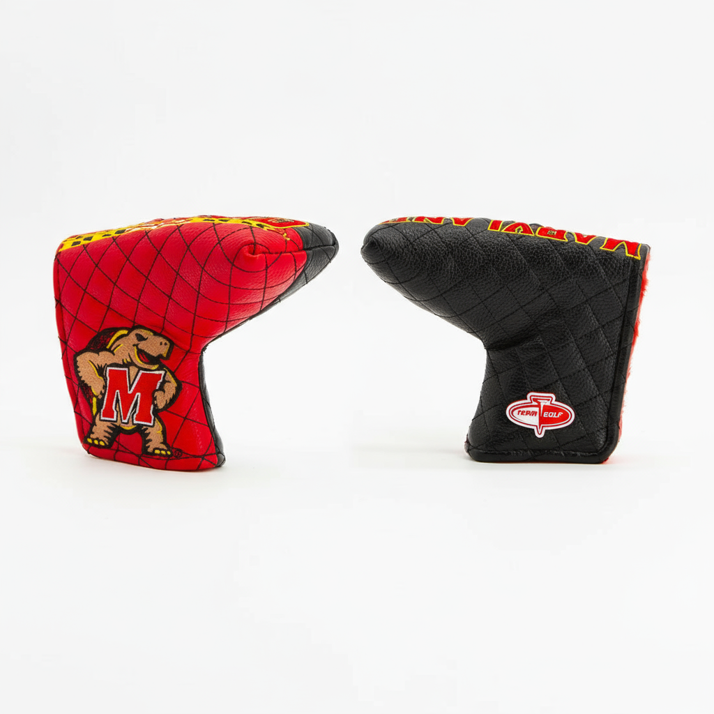 Two golf club head covers, one red with a logo and one black with a different logo, on a white background.