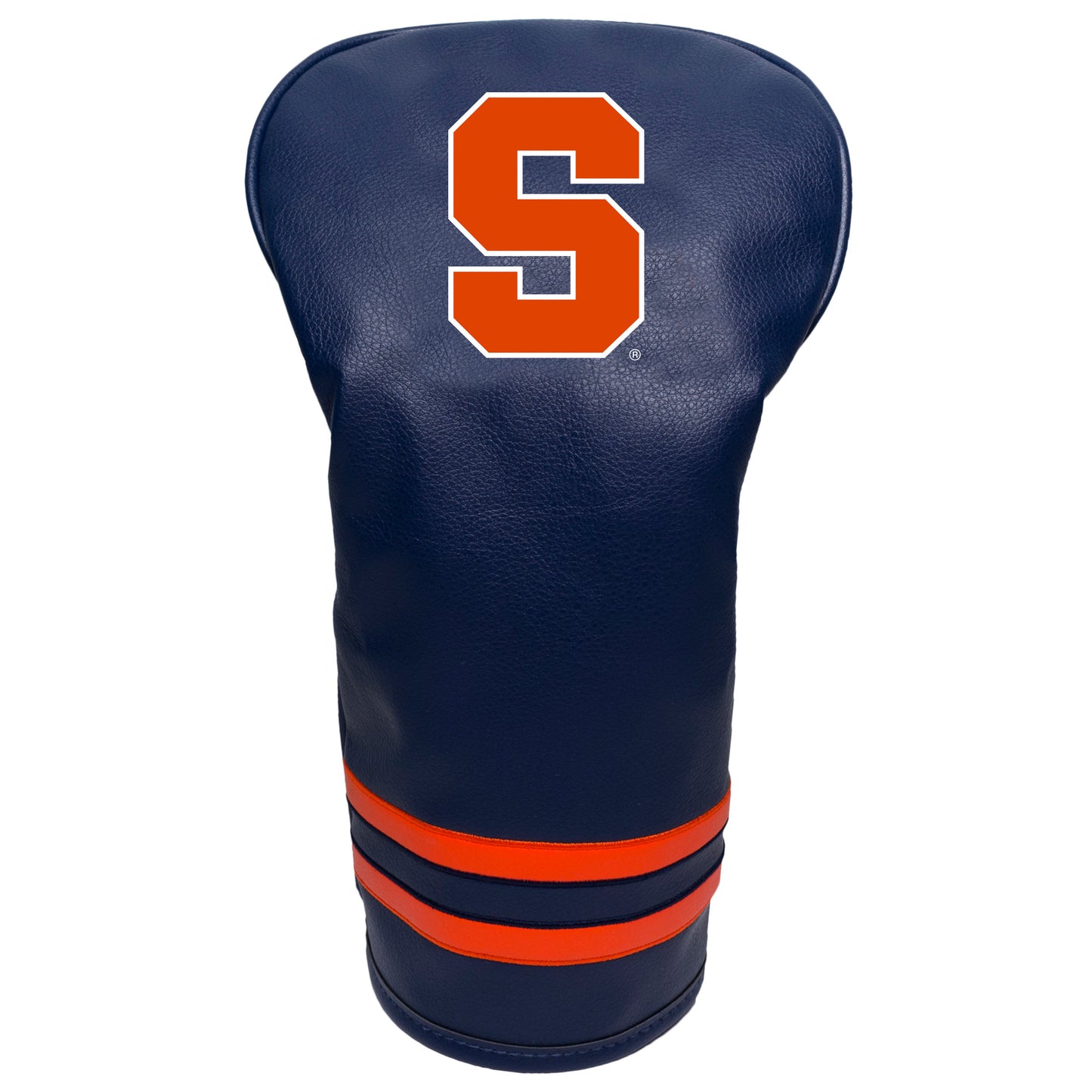 Navy blue golf club head cover with orange letter 'S' on a white background