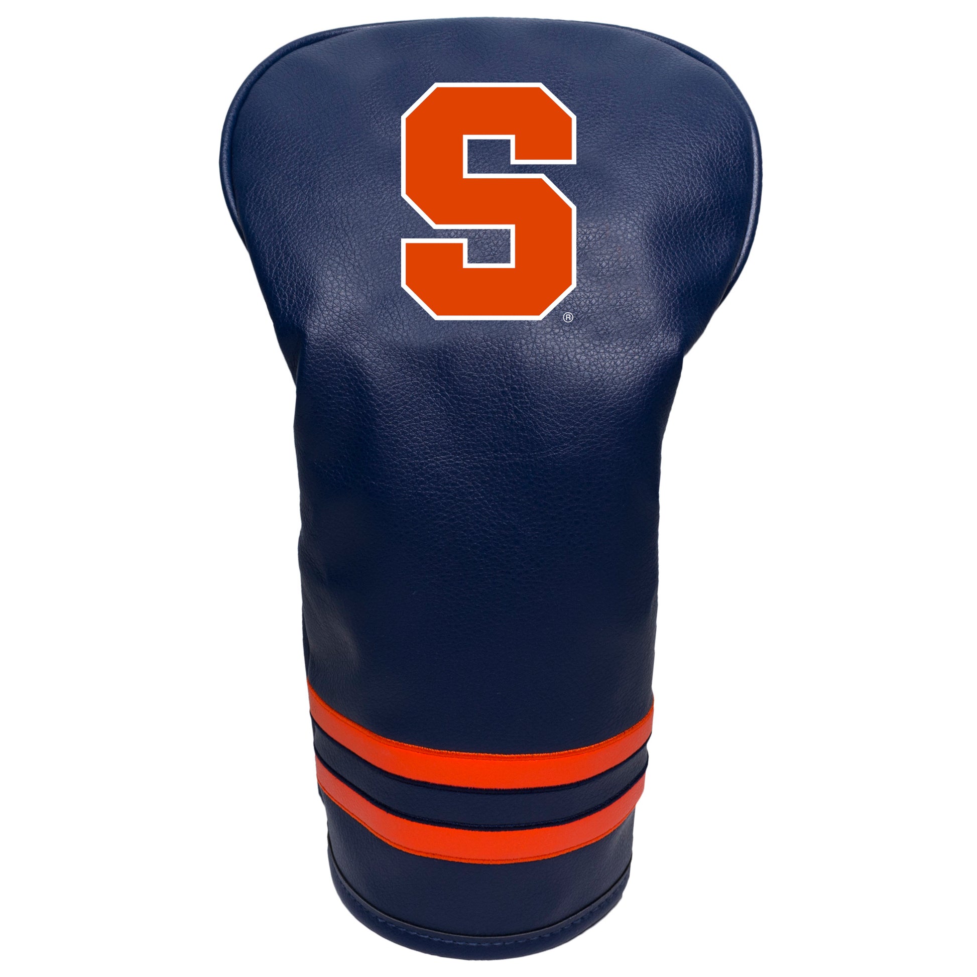 Navy blue golf club head cover with orange letter 'S' on a white background