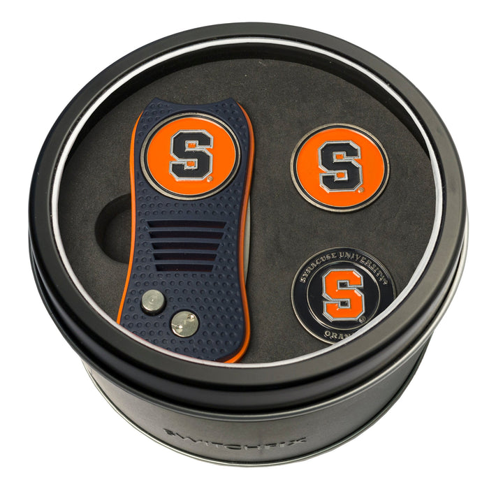 Syracuse Orange Switchblade divot tool and ball marker tin gift set