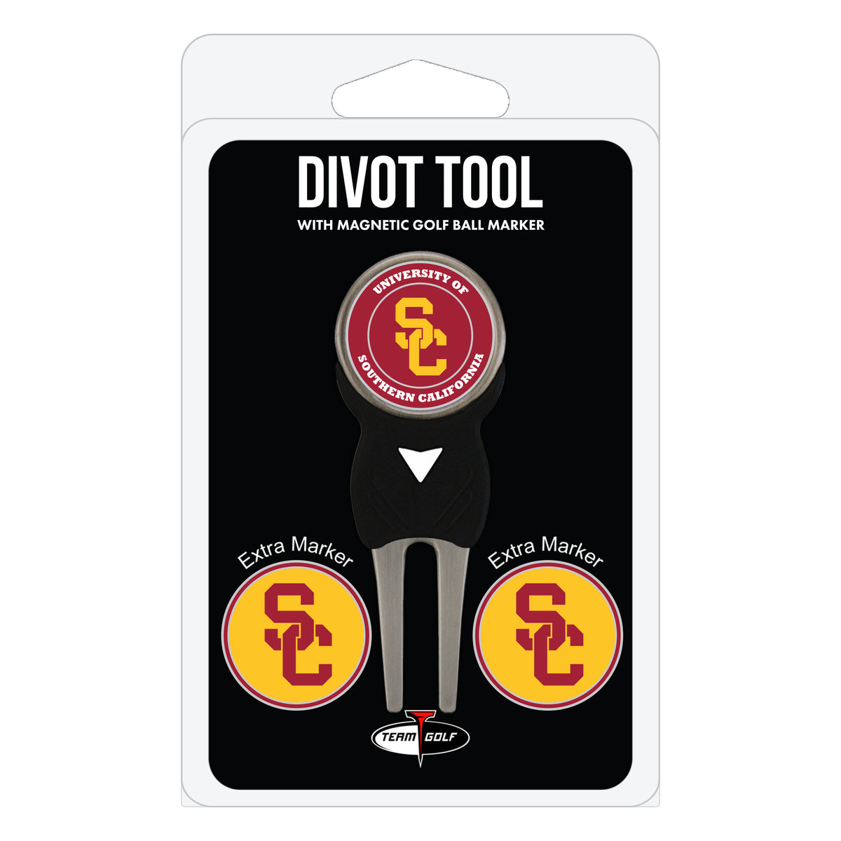 USC Trojans divot repair tool and three ball markers