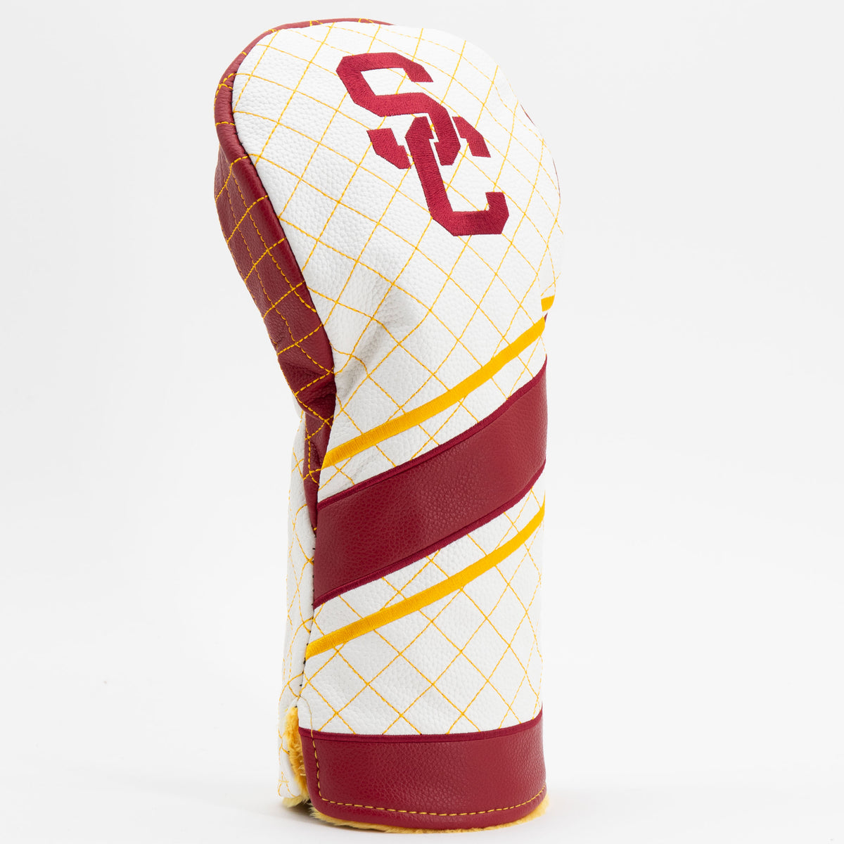 USC Trojans striped quilted driver headcover, close-up of diamond stitching and exterior texture