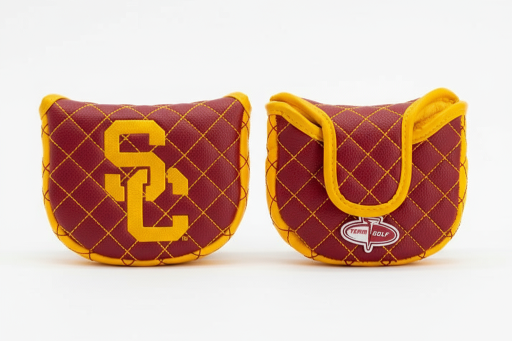 Two maroon and yellow golf club covers with logos on a white background