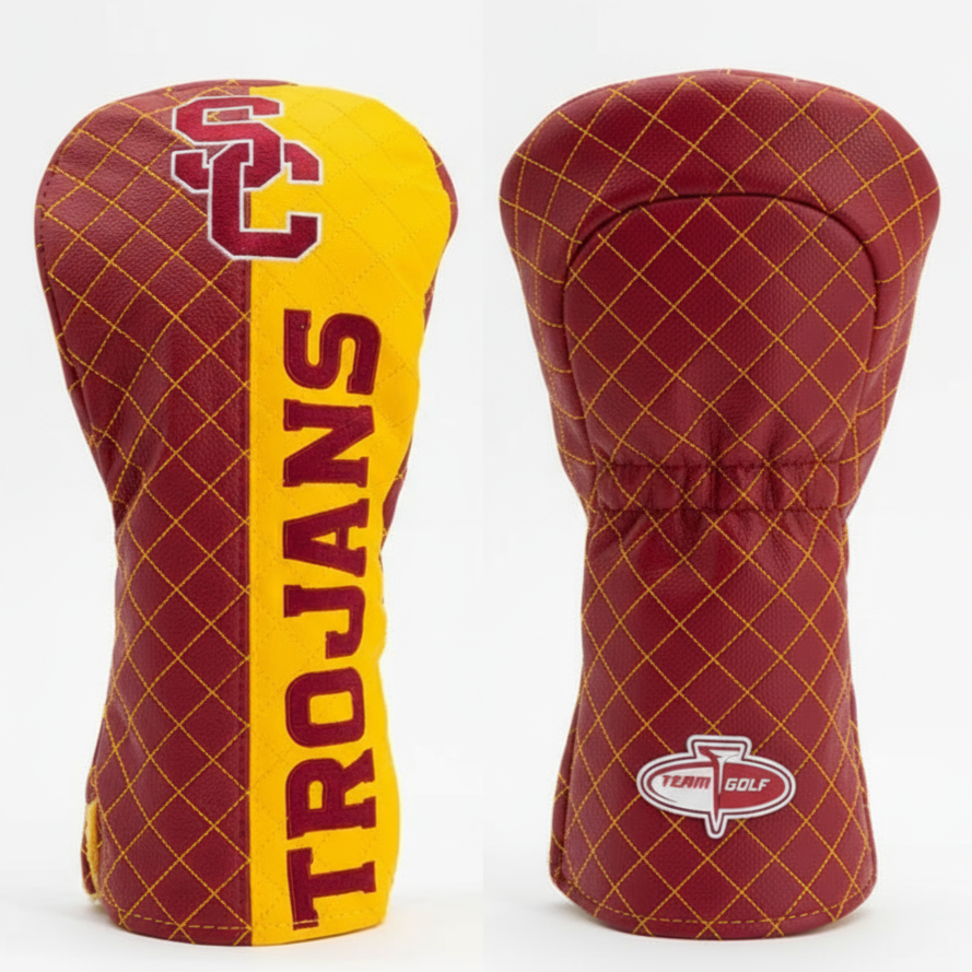 Two golf club heads with maroon and yellow design, featuring 'Trojans' text and a logo on a white background.