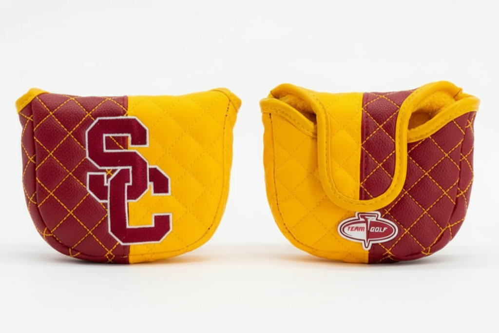 Two golf club covers with maroon and yellow color scheme on a white background