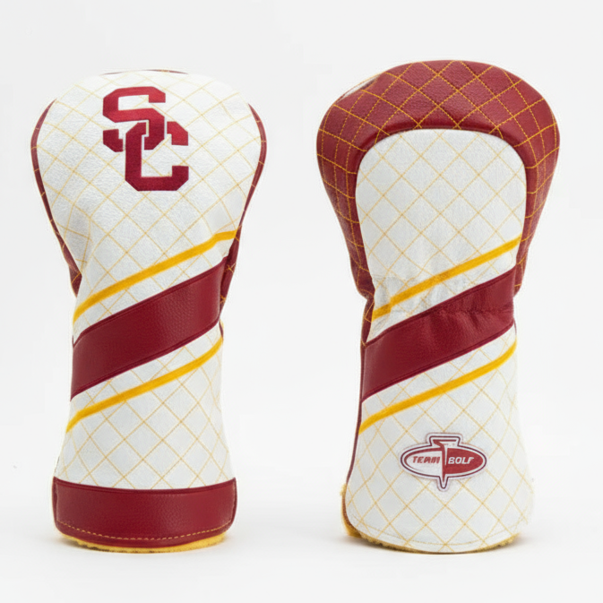 Two golf club heads with a red and white design on a white background