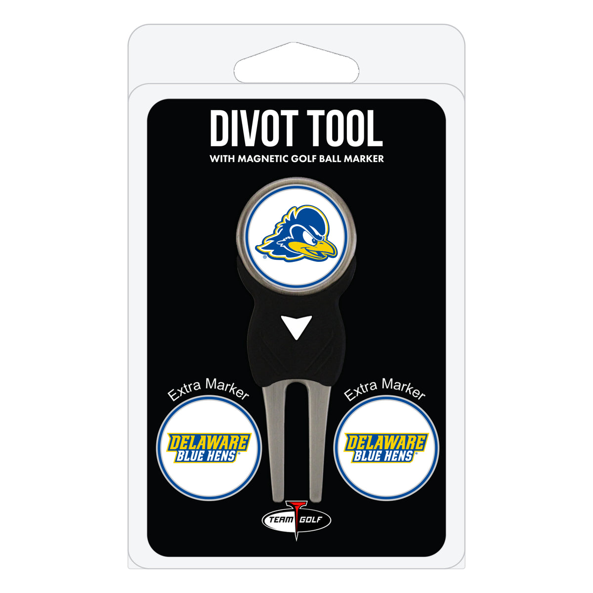 Delaware Blue Hens divot repair tool and three ball markers