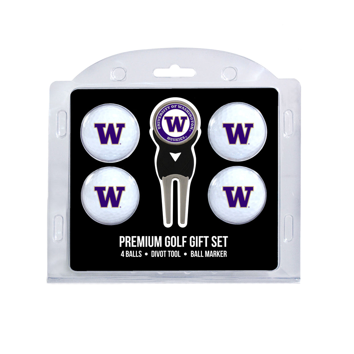 Washington Huskies four ball golf gift set with divot tool and ball marker