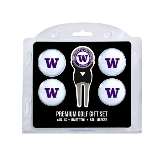 Washington Huskies four ball golf gift set with divot tool and ball marker