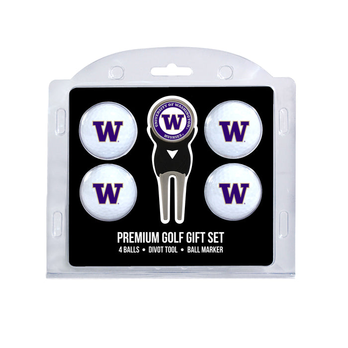 Washington Huskies four ball golf gift set with divot tool and ball marker