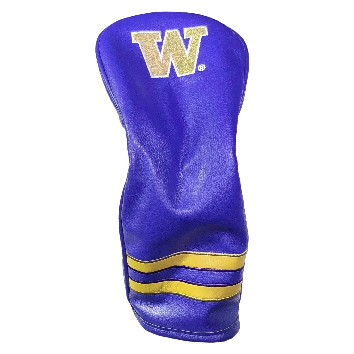 Purple golf club head cover with yellow 'W' logo on a beige background