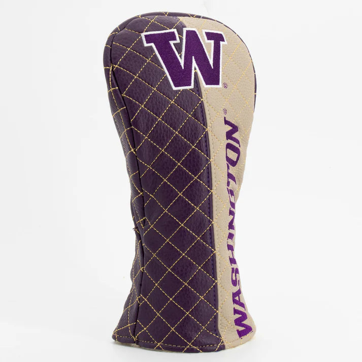 Golf club head cover with purple and beige design featuring a logo on a white background