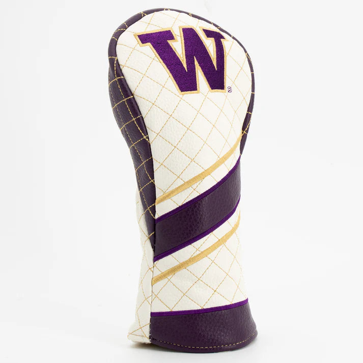 Golf club head cover with purple 'W' logo on a white background