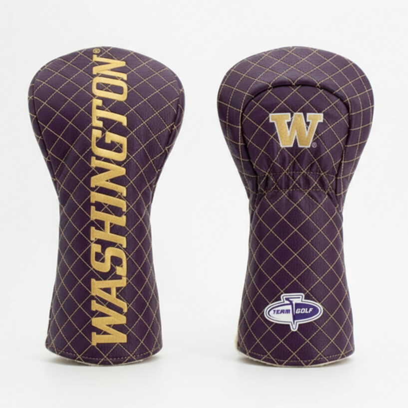 Two purple golf club head covers with 'Washington' and 'W' branding on a white background.