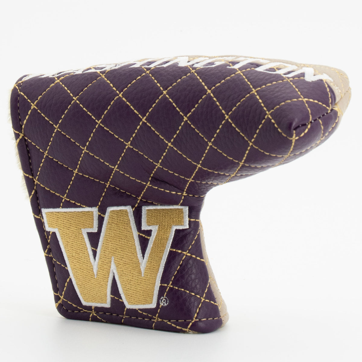Washington Huskies split quilted blade putter cover, close-up of the stitching and textured exterior