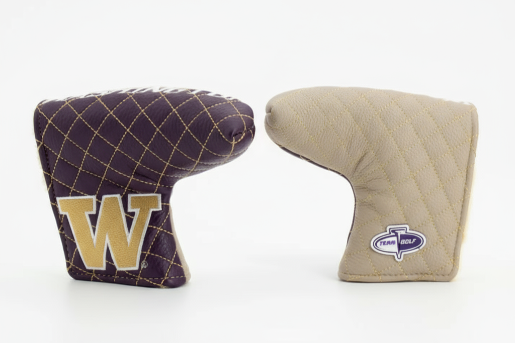 Two golf club covers, one with a purple and gold design and the other beige with a logo, on a white background.