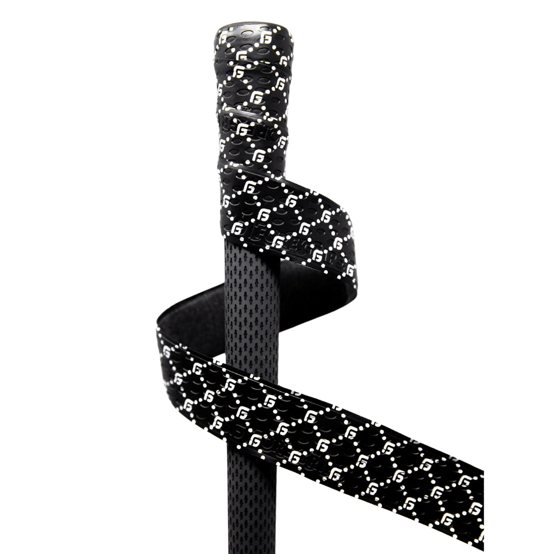 Black FG Print wrap spiraling around an existing golf grip