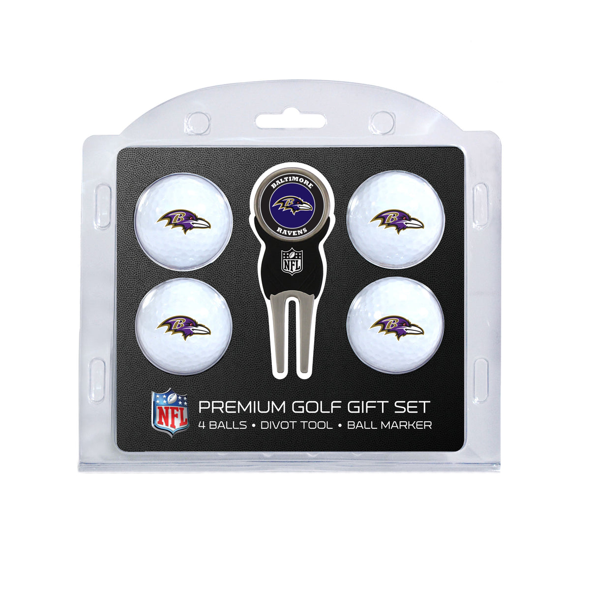 Baltimore Ravens four ball golf gift set with divot tool and ball marker