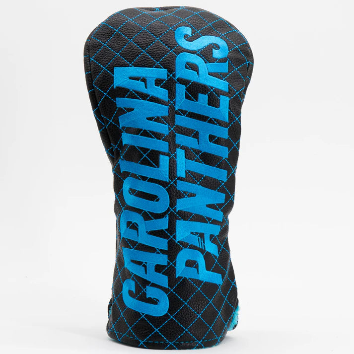 Black golf club head cover with blue 'Carolina Panthers' text on a white background