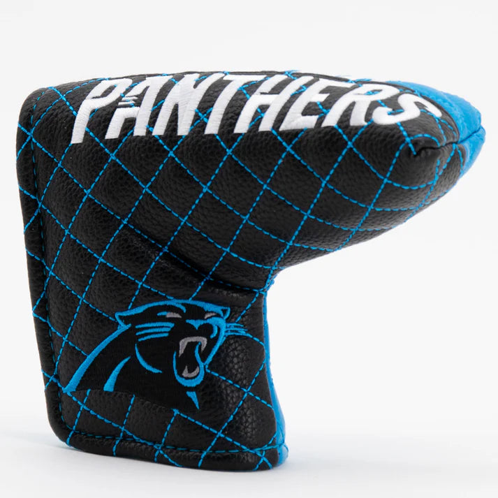 Carolina Panthers golf club head cover with black and blue design on a white background
