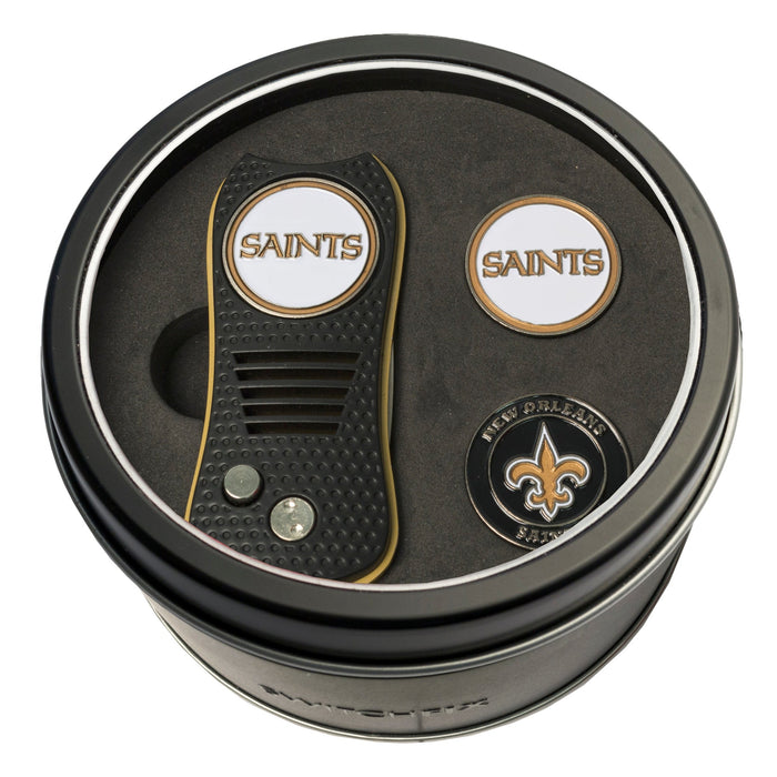 New Orleans Saints Switchblade divot tool and ball marker tin gift set