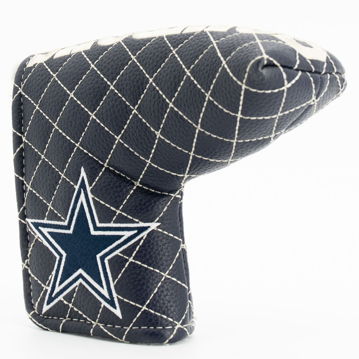 Dallas Cowboys solid quilted blade putter cover, close-up of the stitching and textured exterior