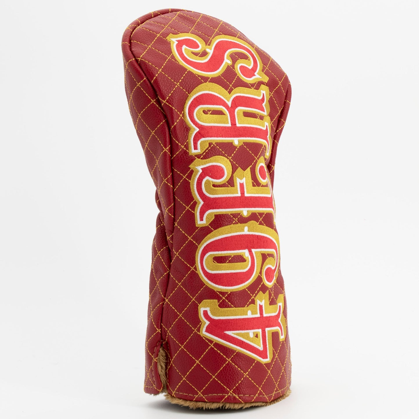 Red and gold golf club head cover with '49ers' branding on a white background