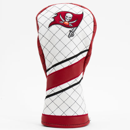 Golf club head cover with a red and white design on a white background