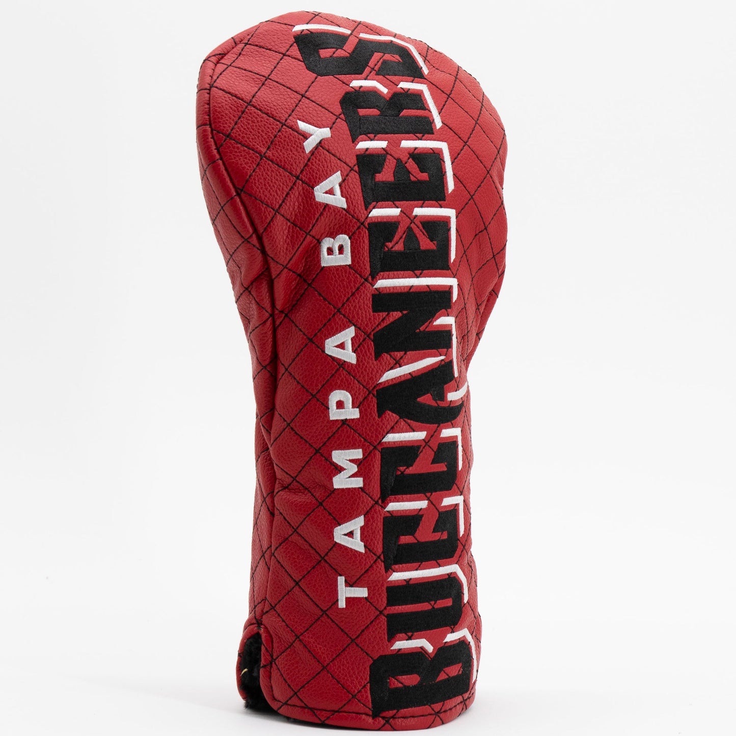 Red golf club head cover with 'Tampa Bay Buccaneers' branding on a white background